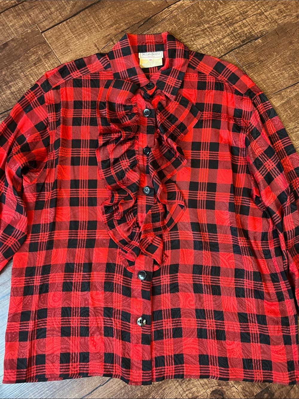 Vintage YSL Yves Saint Laurent 100% silk plaid checkered paisley print blouse 42